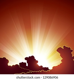 Godrays in the sky - light beams from the sun behind clouds - decorative vector background