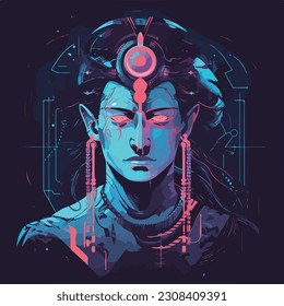 Gods, cyberpunk  artwork, hindu art, flat vector illustration 