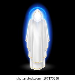 Gods guardian angel in white dress with blue radiance.  Religious concept