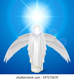 Gods guardian angel in white dress with wings down against sky background and bright sun flare. Religious concept