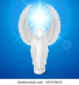 Gods guardian angel in white dress with wings up against sky background and bright sun flare. Religious concept