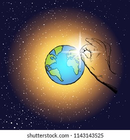 God's hand send his son to Earth for love of people. Morning star represent baby Jesus. Christmas story illustration. Planet and baby Jesus on dark blue background surrounded by stars. Vector.