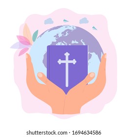 God's hands protect the planet. God gives people hope. The Bible, the word of God. Colorful vector illustration.