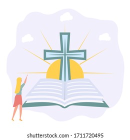 God's hands protect the planet. God gives people hope. The Bible, the word of God. Christianity. The growing number of believers. Jesus Christ. Holy places. Bible study concept. Colorful vector 