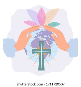 God's hands protect the planet. God gives people hope. The Bible, the word of God. Christianity. The growing number of believers. Jesus Christ. Holy places. Bible study concept. Colorful vector