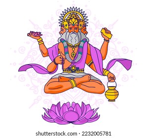 Gods of hinduism Lord Brahma. The main Hindu deity. Creator of the universe. Vector illustration