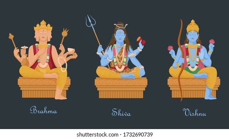 Gods of hinduism vishnu, shiva, brahma. Three main hindu deities creators of universe four headed vector brahma with rosary shiva trident and snake cartoon vishnu bow and lotus. svg