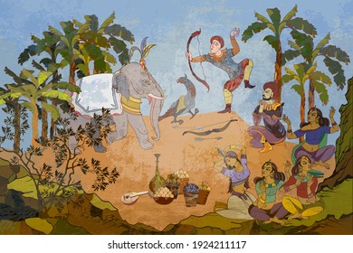 Gods of India. Ancient frescoes. Mythology, tradition and history. Religion. Hinduism. Vishnu and Shiva. Dancing goddesses in the jungle. Traditional indian mural paintings style. Old Asian culture 