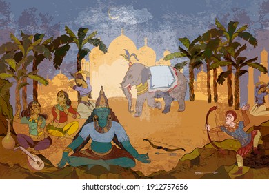 Gods of India. Ancient frescoes. Ramayana. Traditional indian mural paintings style. Old Asian culture art. Mythology, tradition and history. Multiple goddesses in the sacred temple of the jungle 