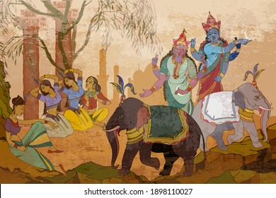 Gods of India. Ancient frescoes. Traditional indian mural paintings style. Old Asian culture. Mythology, tradition and history. Religion. Hinduism. Vishnu and Shiva. Dancing goddesses in the jungle 