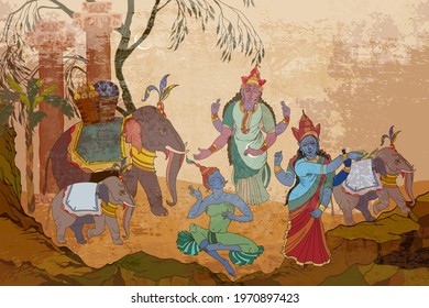 Gods of India. Ancient frescoes. Traditional indian mural paintings style. Religion. Hinduism. Vishnu and Shiva. Dancing goddesses in the jungle. Old Asian culture. Mythology, tradition and history 