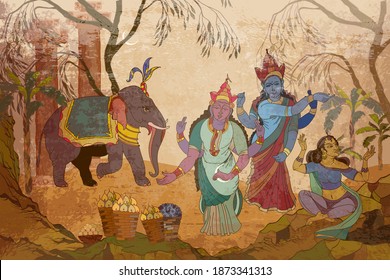 Gods of India. Mythology, tradition and history. Religion. Hinduism. Vishnu and Shiva. Dancing goddesses in the jungle. Ancient frescoes. Traditional indian mural paintings style. Old Asian culture 