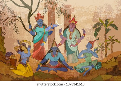 Gods of India. Mythology, tradition and history. Multiple goddesses in the sacred temple of the jungle. Ancient frescoes. Ramayana. Traditional indian mural paintings style. Old Asian culture art  