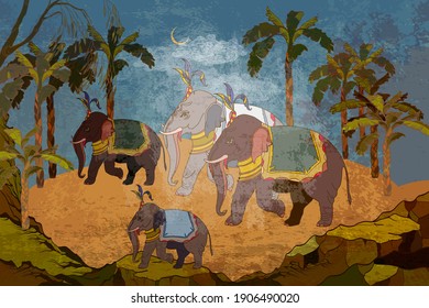 Gods of India. Mythology, tradition and history. Religion. Hinduism. Sacred elephants in the jungle. Ancient frescoes. Traditional indian mural paintings style. Old Asian culture 