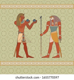 Gods and Pharaohs of Egypt. Hieroglyphic carvings, frescoes, mythological scenes. Egyptian gods and pharaohs background. Vector illustration.