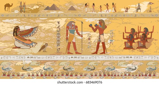 Gods and Pharaohs of Egypt. Hieroglyphic carvings, frescoes, mythological scenes. Egyptian gods and pharaohs background. Vector illustration