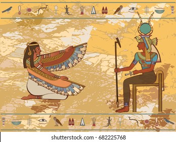 Gods and Pharaohs of Egypt - Maat. Hieroglyphic carvings, frescoes, mythological scenes. Egyptian gods and pharaohs background. Vector illustration.