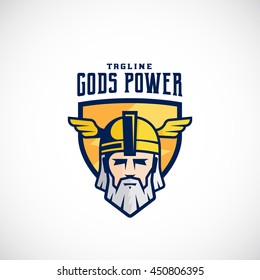 Gods Power Vector Sport Team or League Logo Template. Odin Face in a Shield, with Typography. Mighty Warrior Head in Helmet Mascot. Isolated.