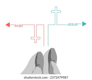 Gods and satanic thin line crosses with way arrows. Top view feet of businessman in shoes