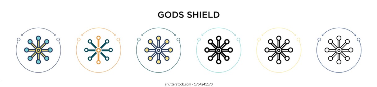 Icono de escudo de dioses en estilo relleno, delgado, contorno y trazo. Ilustración vectorial de dos dioses de color y negro se pueden utilizar para móviles, ui, web