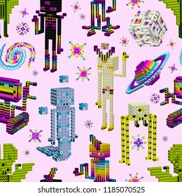 Gods from the stars. Galactic mind game. Aliens on Saturn.3D cubes, pixel art,space pop style. Set of Isometric characters, extraterrestrials illustration. Digital pink, seamless pattern vector.