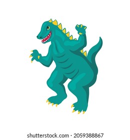 Godzilla. Green Monster Godzilla, Scary Lizard. Green Dragon Standing On Its Feet. Vector Flat Illustration, Cartoon Style.