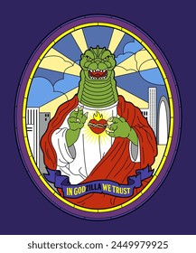 In Godzilla We Trust Vintage Vector Illustration