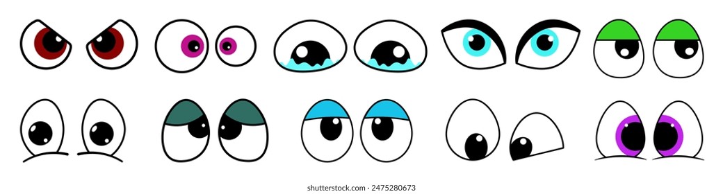 Iconos de ojos en estilo de dibujos animados.
 Lindos ojos cómicos del personaje con emociones de felicidad, ira, llanto, sorpresa. Ilustración vectorial.