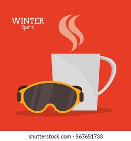 goggles and cup coffee hot winter sport label