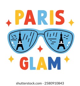 Goggles with eiffel tower view and paris glam text, flat sticker 
