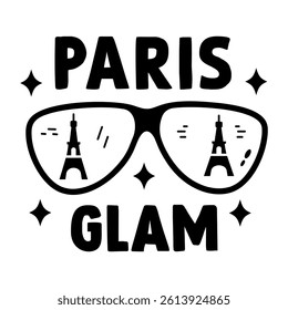 Goggles with eiffel tower view and paris glam text, glyph sticker 
