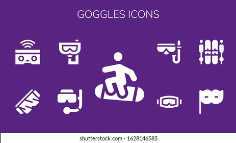 goggles icon set. 9 filled goggles icons.  Simple modern icons such as: Snowboard, Snorkel, Safety glasses, Oculus rift, Eye mask, Ski, Diving mask