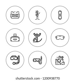 Goggles icon set. collection of 9 outline goggles icons with diver, skiing, snorkel, snowboarding, vr glasses icons. editable icons.