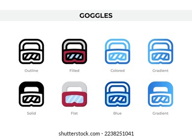 Goggles icons in different style. Goggles icons set. Holiday symbol. Different style icons set. Vector illustration