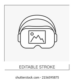  Icono de la línea de gafas. Los auriculares con micrófono VR muestran imágenes e imágenes. Tecnología virtual moderna. Concepto VR. Ilustración vectorial aislada.Icono editable
