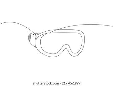 Goggles one line art. Continuous line drawing of sport, player, sports, board, mountains, hill, protection, eyes, see, winter sport, ski, competition, glasses, vacation, adventure, tourism, snow.