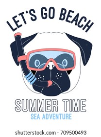 vamos a ver el eslogan de la playa y el adorable vector de ilustración de pug.