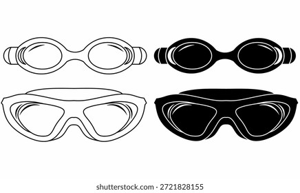 Gafas, o conjunto de iconos de gafas de seguridad, contorno y silueta aislados sobre fondo blanco.