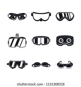 Juegos de gafas de cristal de esquí conjunto. Ilustración simple de 9 gafas máscaras de cristal de esquí iconos vectoriales para web