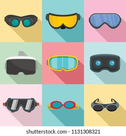 Goggles ski glass mask icons set. Flat illustration of 9 goggles ski glass mask vector icons for web