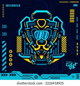 Goggles for sport activity cyberpunk blue design with dark background. Abstract technology vector illustration.
