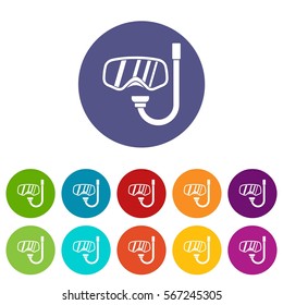 Goggles and tube for diving set icons in different colors isolated on white background
