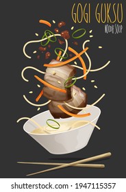 Gogi guksu. Noodle Soup with Pork. Vector illustration