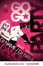 Go-go party design template with fashion girl and place for text. Eps10.