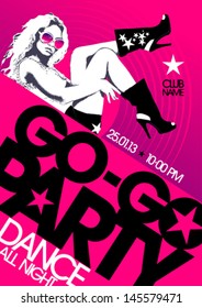 Go-go party design template with fashion girl and place for text.