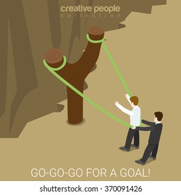 Go-go-go for a goal flat 3d isometry isometric business concept web vector illustration. Businessman preparing to fly shot from slingshot catapult. Creative people collection.