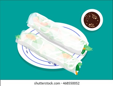 Goi Cuon es un plato vietnamita que son unos nenúfares translúcidos repletos de ingredientes sabrosos y saludables. Ilustración de la vista superior o imagen de estilo Lay plano. Imágenes prediseñadas editables.