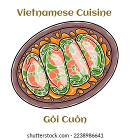 Goi cuon. Vietnamese street food, roll that delicious, wrapped from shrimp, pork, vegetables, bun in rice paper. Isolated vector illustration. 