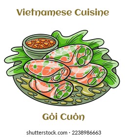 Goi cuon. Vietnamese street food, roll that delicious, wrapped from shrimp, pork, vegetables, bun in rice paper. Isolated vector illustration. 