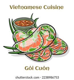 Goi cuon. Vietnamese street food, roll that delicious, wrapped from shrimp, pork, vegetables, bun in rice paper. Isolated vector illustration. 